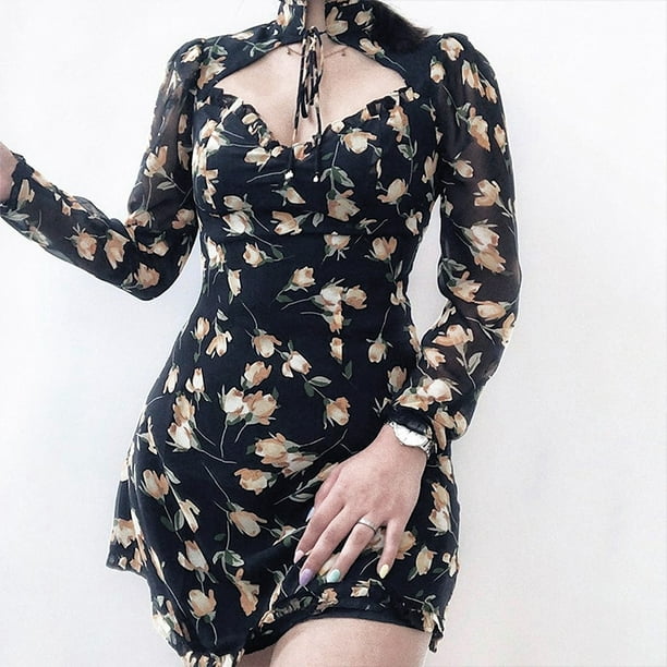 S-Fly Womens Fashion Ruffles Floral Print Cut Out Bodycon Party Mini Dress 